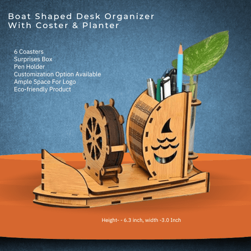 Boat-shaped desk organizer with coaster and planter 6.3 Inch