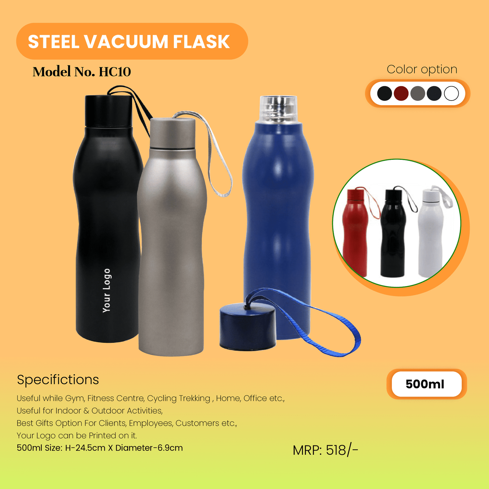 500ml Black stainless steel vacuum Bottle With Steel handle