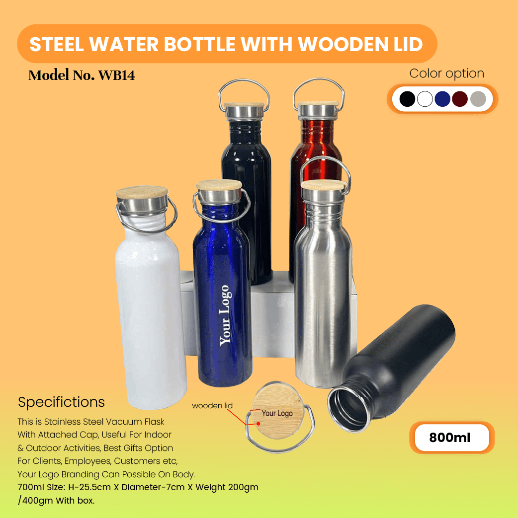Steel Water Bottle With Wooden Lid