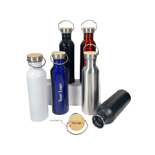Steel Water Bottle With Wooden Lid - Image 2
