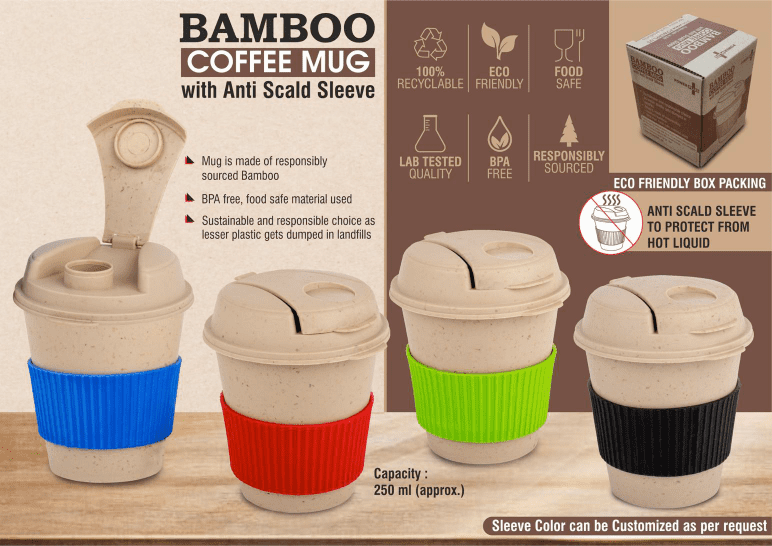 Eco Friendly Bamboo Coffee Mug With Flip Top Lid And Anti-Scald Sleeve | Capacity 250 Ml